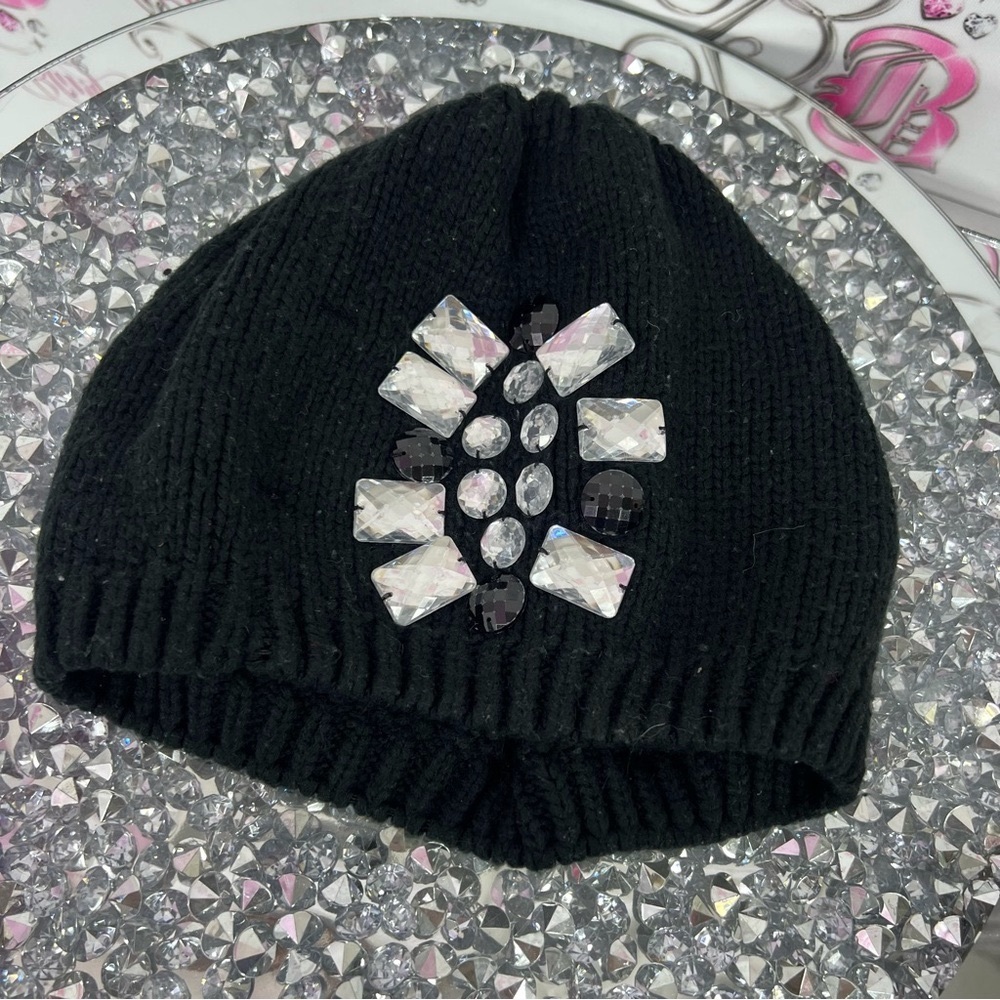 Betsey Johnson hat toque jewels rhinestone Black Beanie with Crystal Accents